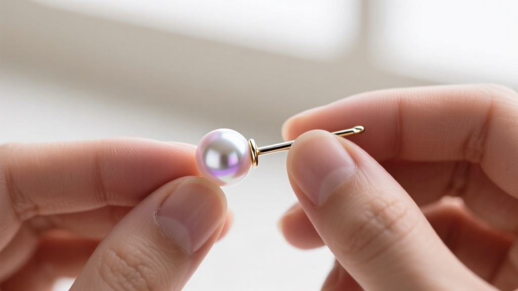 Close-up of a jeweler setting a perfectly round Akoya pearl onto a threaded 18-gauge white gold drop hoop earring post