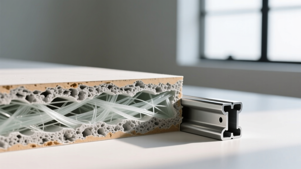 Close-up of a 5/8-inch Type C fire-rated gypsum board cross-section showing embedded glass fibers and vermiculite core next to a metal framing stud