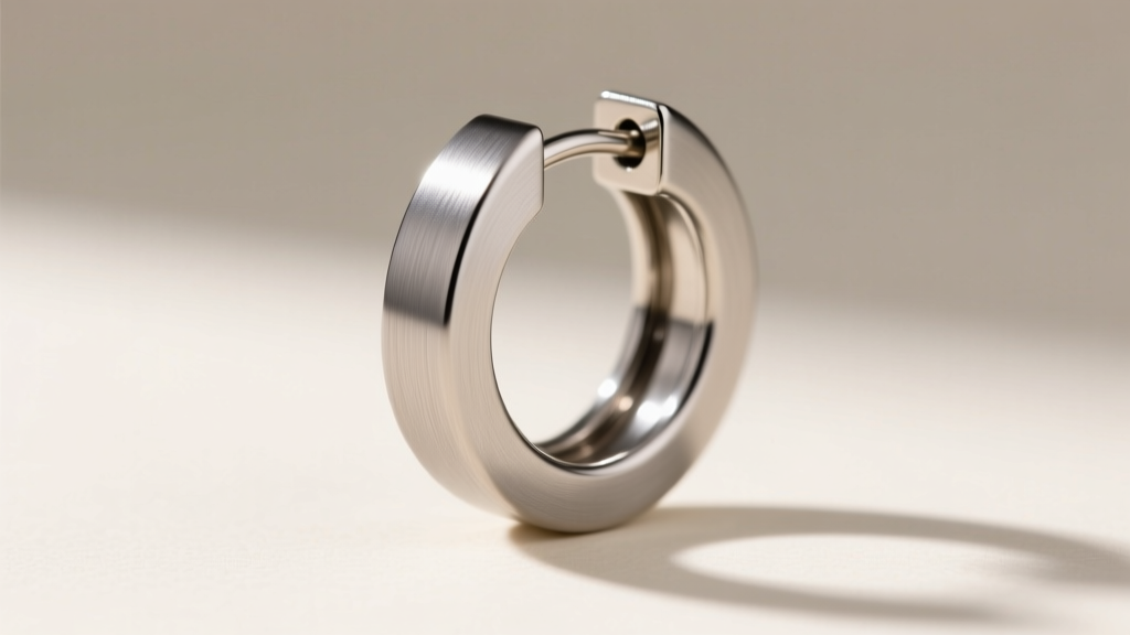 Macro shot of an ASTM F136 titanium double huggie earring, showing the brushed matte texture and secure snap closure mechanism.