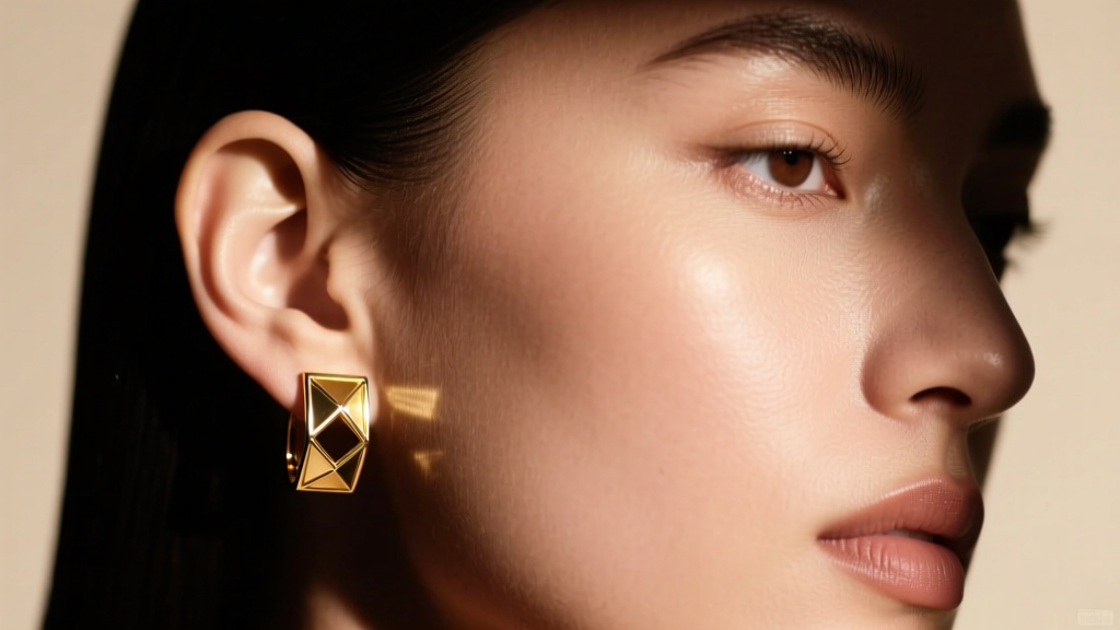 Close-up of a model wearing a single 14k gold ear cuff on the left helix, dramatic studio lighting, high fashion editorial style