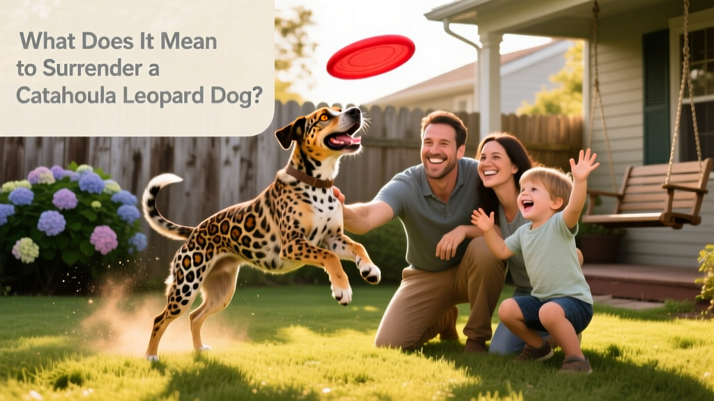 A happy Catahoula Leopard Dog playing fetch in a sunlit backyard with her new adoptive family