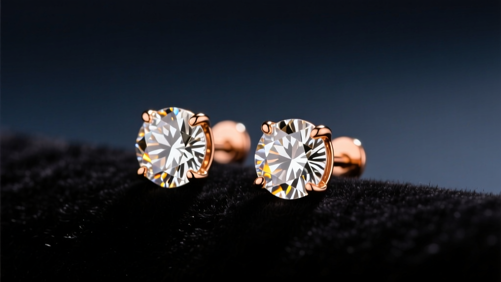 Close-up of 18k rose gold Tanishq diamond studs on dark velvet, highlighting brilliant stones under soft, warm studio lighting.