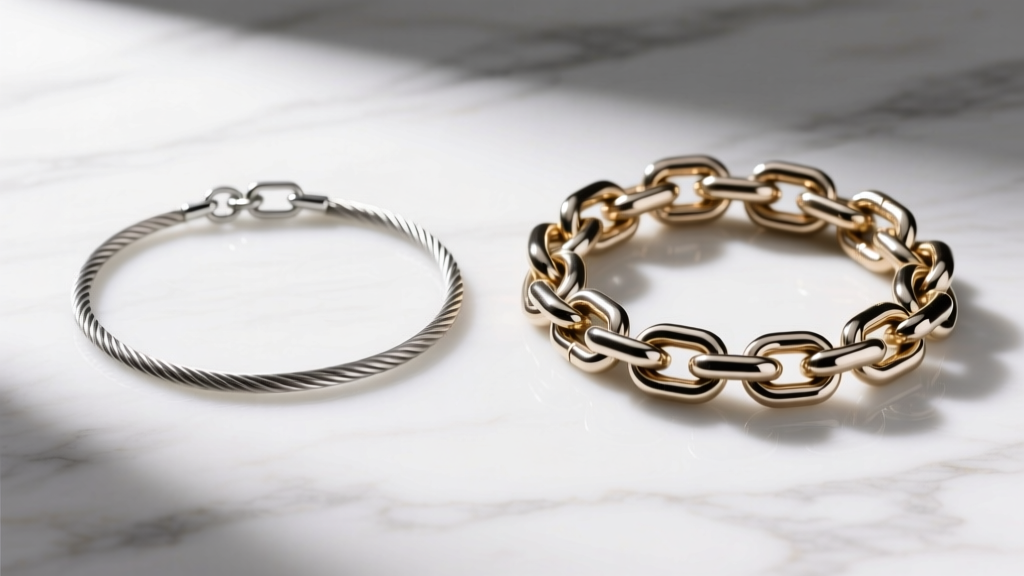 Close-up of a 20-gauge cable chain beside a 14-gauge wheat chain for women, laid flat on white marble under bright studio lights.
