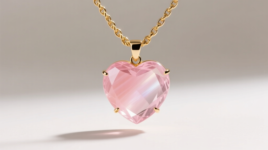 Macro photo of a translucent pink chalcedony candy heart pendant hanging from a delicate 14k gold rope chain in studio light.