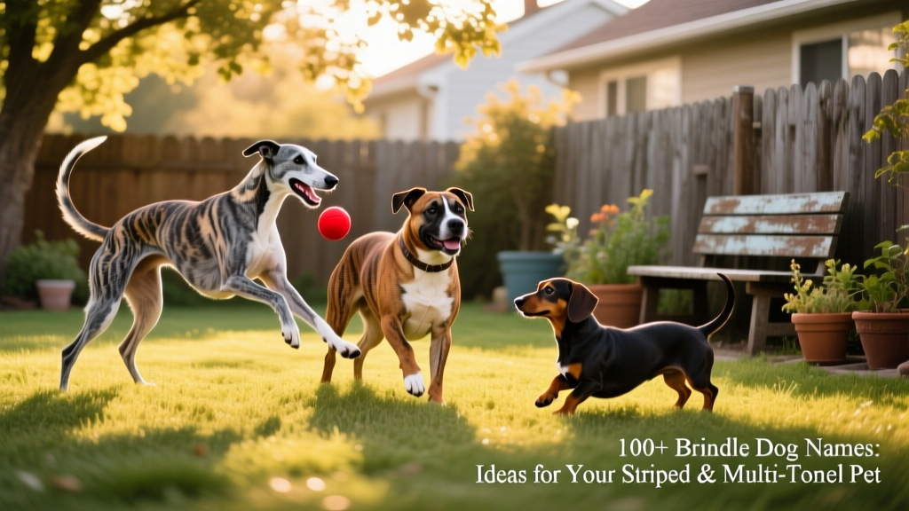 Three brindle dogs of different breeds playing together in a sun-dappled backyard