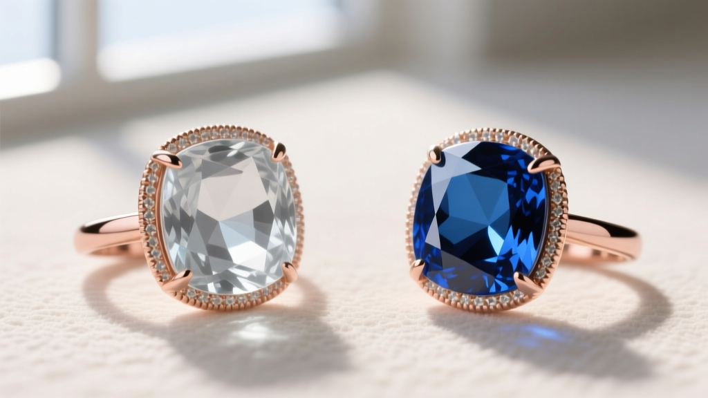 Side-by-side comparison of a pale commercial-grade aquamarine and a deep blue Santa Maria aquamarine, both set in identical 14k rose gold halos