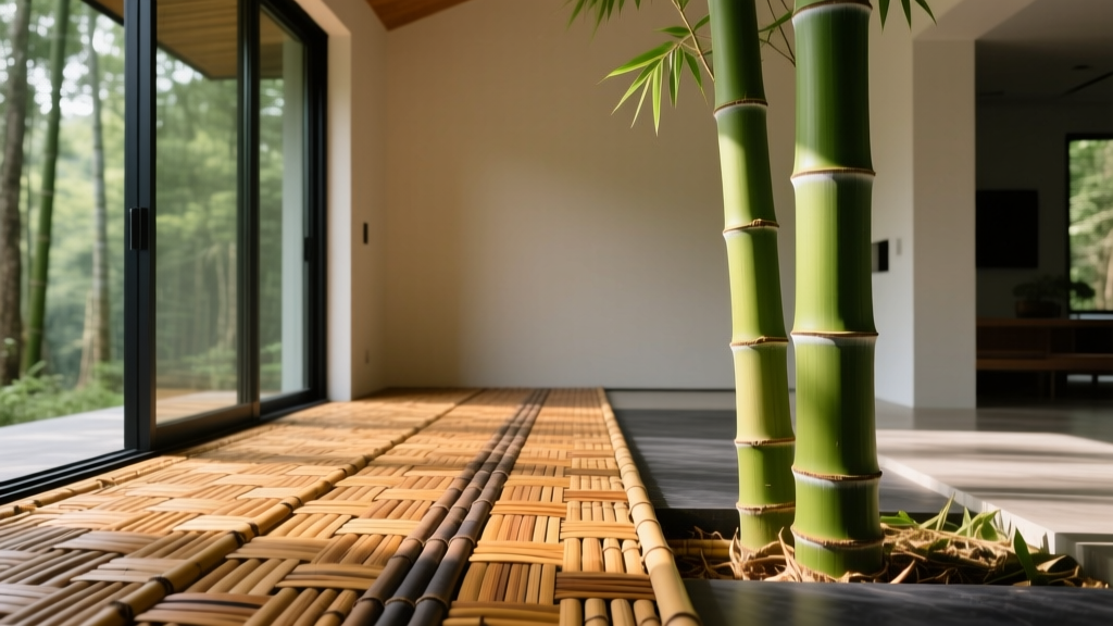 Strand-woven bamboo flooring planks beside a Moso bamboo stalk, highlighting sustainable harvesting in a modern eco-home