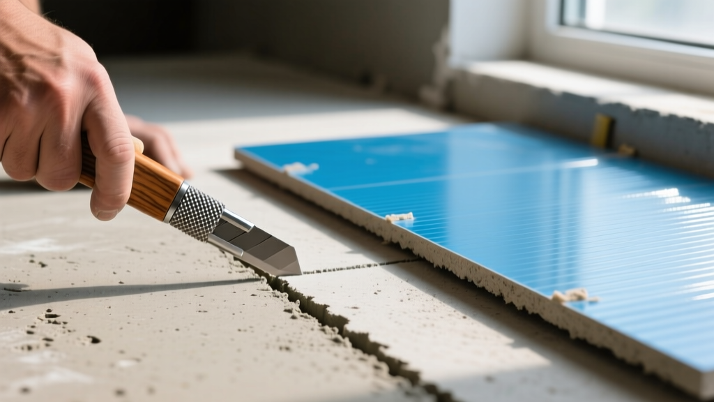 Close-up of a contractor scoring a cement backer board with a carbide knife next to a blue fiberglass-faced gypsum tile backer panel