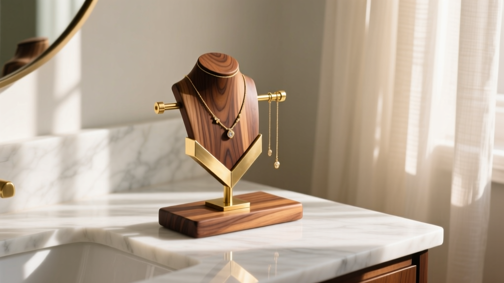 Wide shot of a crafted walnut and brass DIY jewelry display stand on a marble vanity, softly lit by warm morning window light.