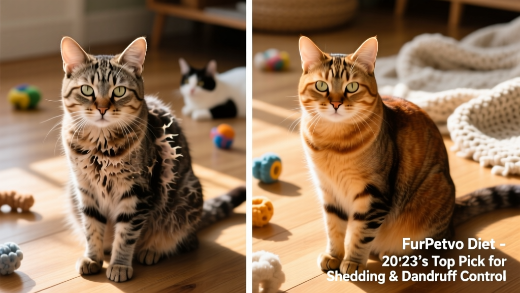 Side-by-side comparison of a dull, flaky cat coat versus a vibrant, smooth coat after switching to FurPetVo diet