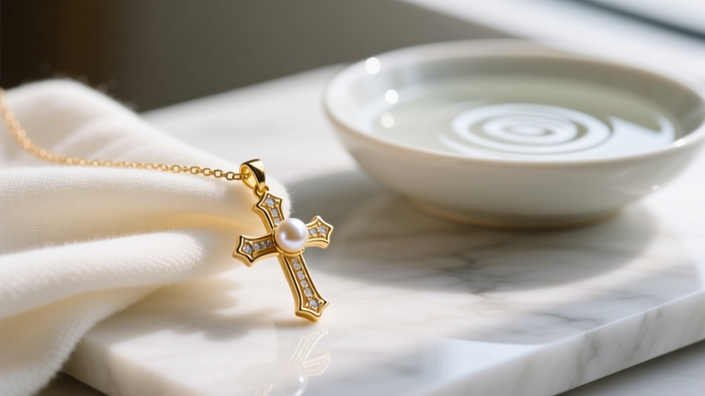 Soft microfiber cloth gently wiping a gold cross and pearl pendant, with a bowl of mild soapy water in the blurred background.
