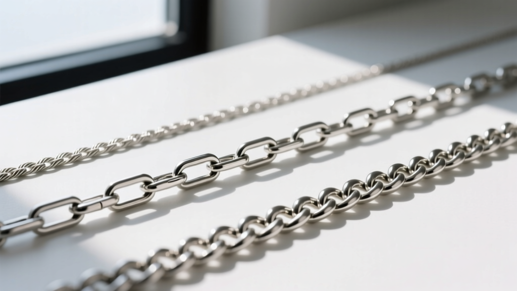 Macro photography comparing three silver chain types: a delicate 1mm cable chain, a structured 1.5mm box chain, and a round rolo
