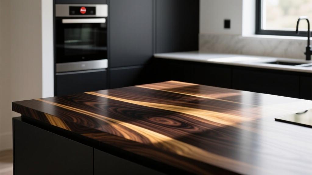 Close-up of a polished Wenge wood countertop contrasting with matte black cabinetry in a modern luxury kitchen, highlighting dark wood grain