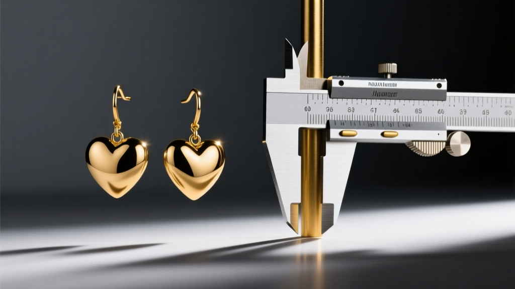 Gold heart drop earrings and digital calipers measuring post thickness on dark slate, illuminated by moody, dramatic studio light.