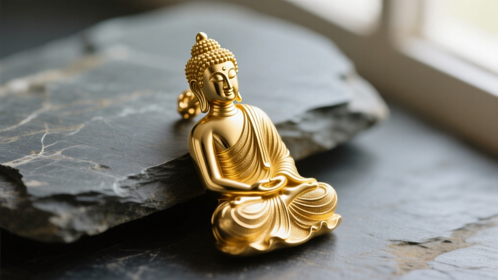 Macro shot of 18k yellow gold Buddha pendant on slate, showing lost-wax casting details of the monastic robes and ushnisha.
