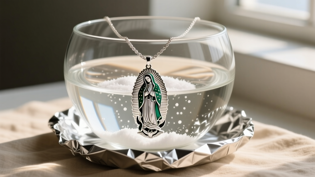 A silver Virgen de Guadalupe necklace submerged in a glass bowl of warm water and baking soda, with aluminum foil on the bottom.