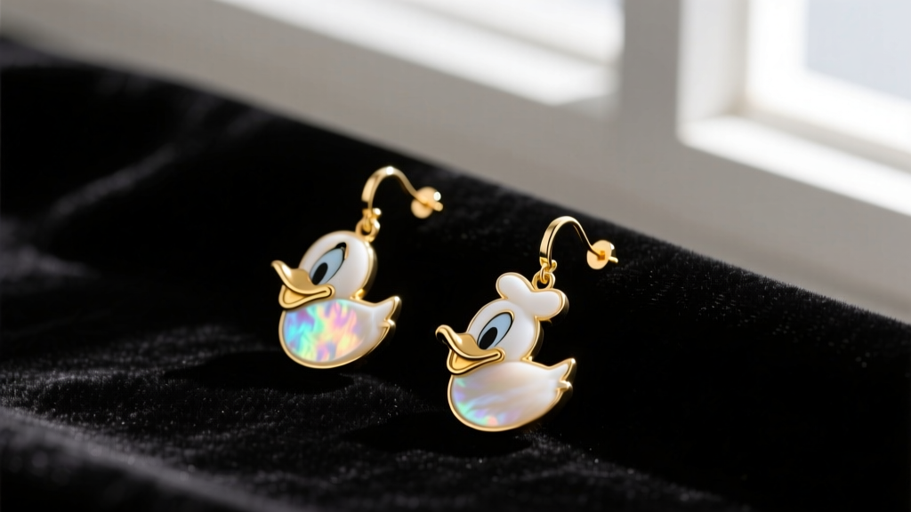 Flat lay of asymmetrical Daisy Duck drop earrings featuring white mother-of-pearl inlay and 18k gold posts on dark velvet fabric.
