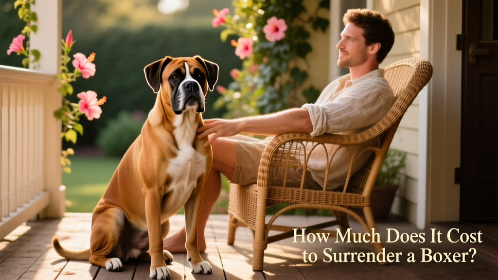 A calm, well-groomed Boxer sitting beside a person on a sunlit porch