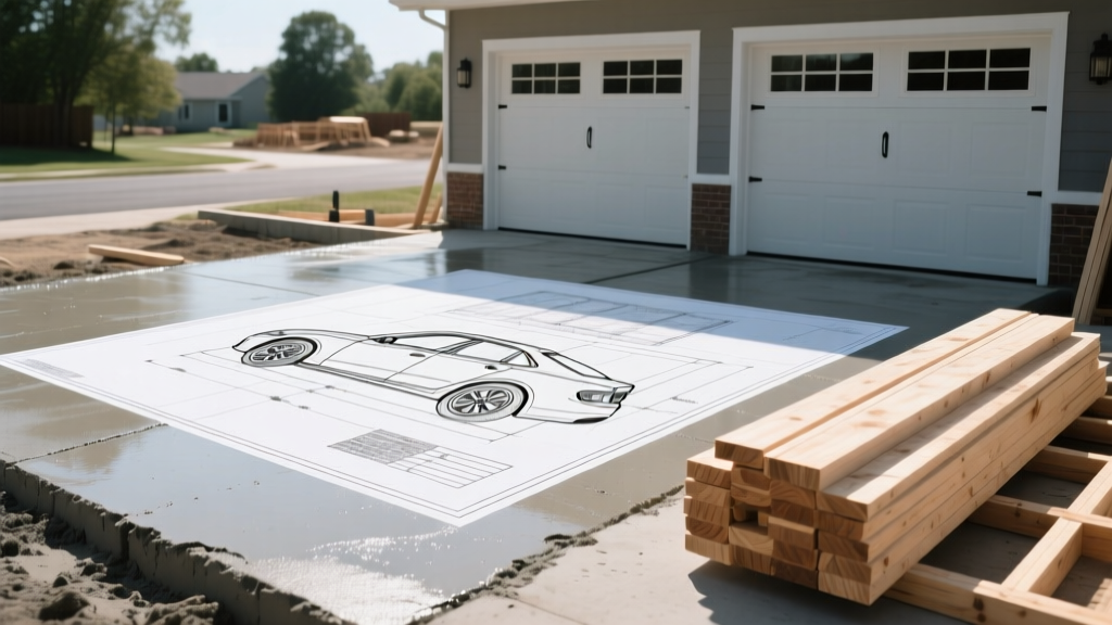 Blueprint of a two-car detached garage overlaid on a freshly poured concrete slab with wooden framing stacks nearby