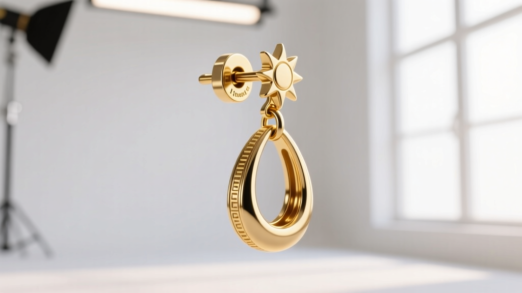 Macro photo of a heavy 18-gauge solid gold sun drop earring showing the secure La Pousette locking clutch mechanism on the post.