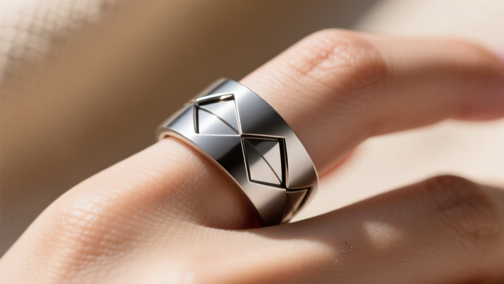 Close-up of polished titanium motion ring jewelry on a finger, showing an outer spinning band with cutouts over a solid base.