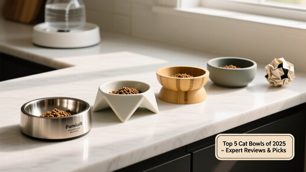 Side-by-side comparison of five different cat food bowls on a clean countertop, showing variety in shape, height, and material