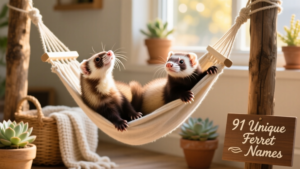 Two ferrets tumbling together in a cozy hammock, highlighting their playful social nature