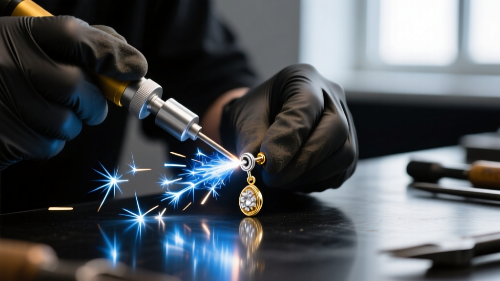 Macro shot of a jeweler using a laser welder to attach a sterling silver post to a gold-filled clip-on finding, sparks visible.