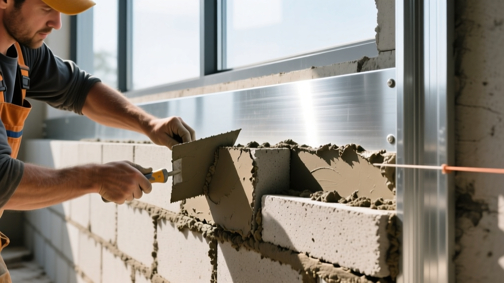 Mason troweling Type S mortar on a standard concrete masonry unit block wall adjacent to aluminum poured concrete forms