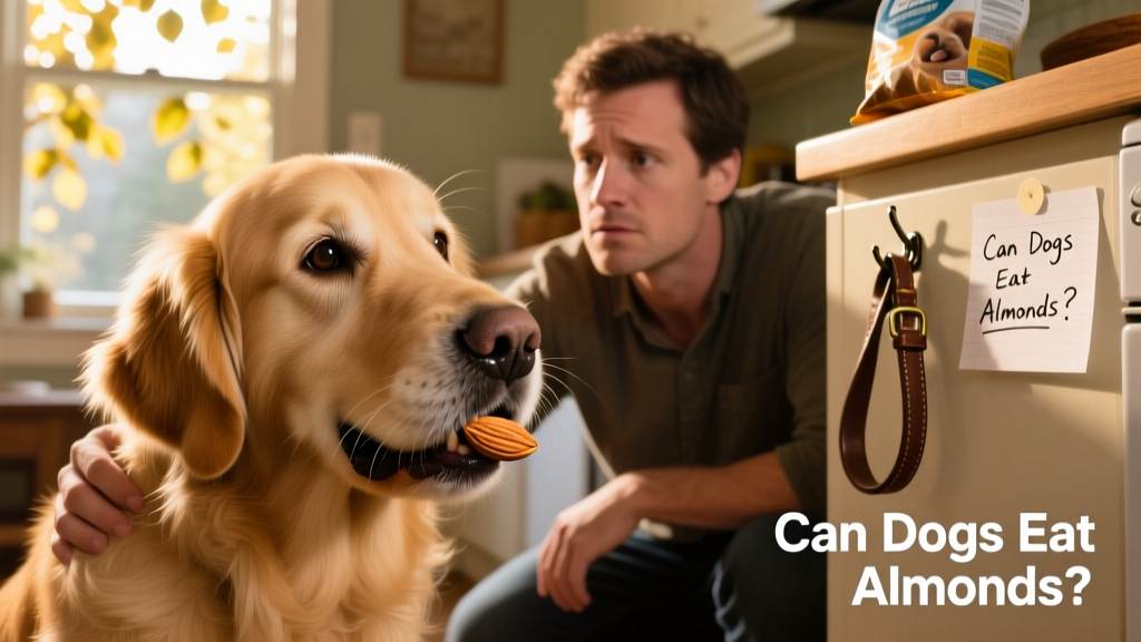 A dog gently holding an unsalted almond in its mouth, with a concerned owner nearby