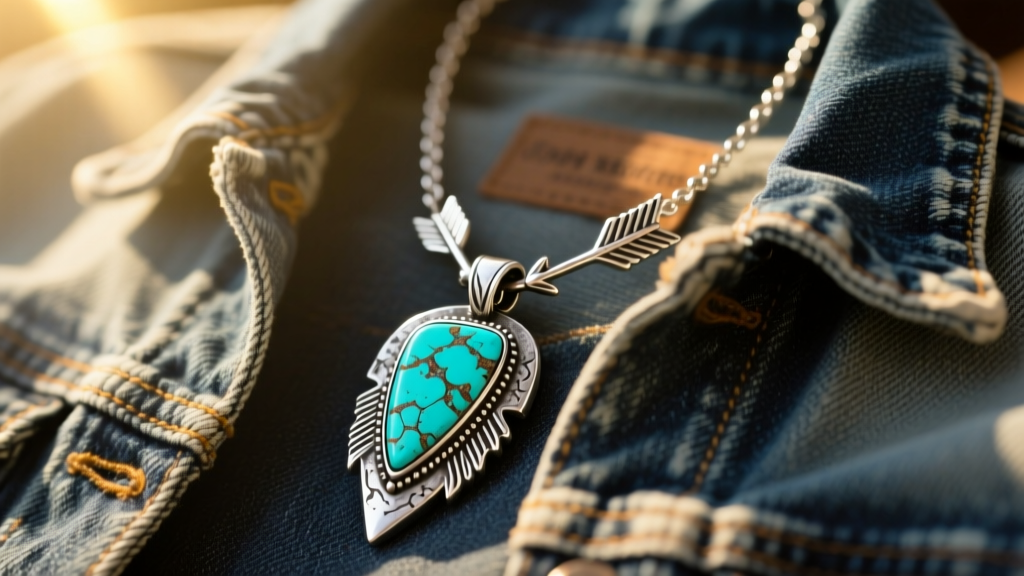 Oxidized sterling silver Cody Maverick necklace with raw turquoise arrowhead pendant resting on a vintage denim jacket in sunlight