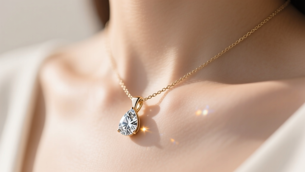 A white gold tennis pendant necklace on a collarbone, warm light highlighting the brilliant teardrop diamond stone facet