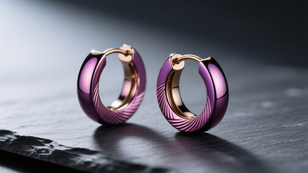 Macro shot of plum anodized titanium huggie earrings on dark slate with soft directional lighting highlighting the metallic texture