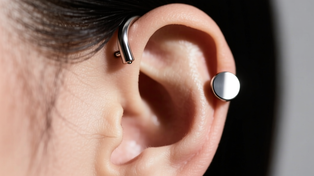 Close-up of an ear with a titanium dermal anchor near the helix and a flush-fit flat back stud, illuminated by soft studio lighting.