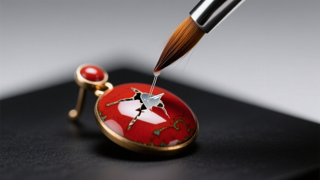 Macro shot of a fine brush applying clear archival adhesive to a chip on a red cinnabar lacquer earring under bright LED light.
