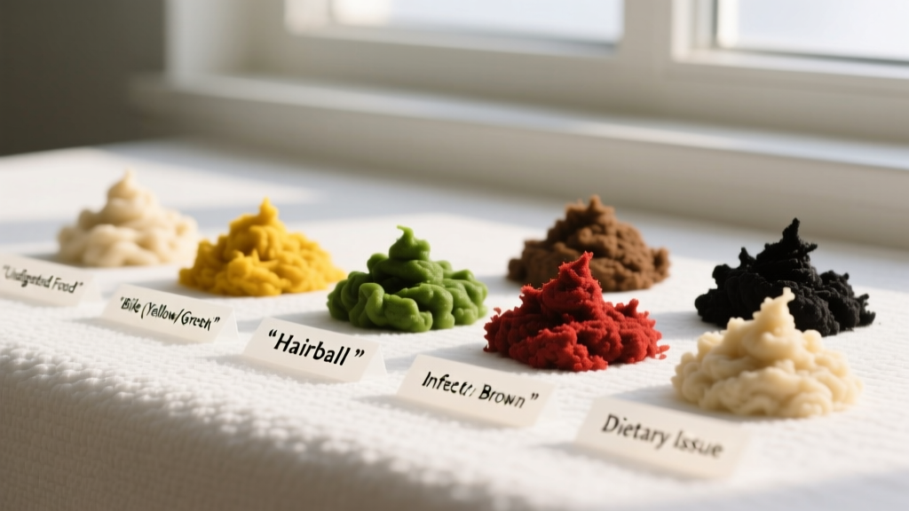 Close-up photo of several small piles of cat vomit in different colors on a clean white surface, labeled with corresponding meanings