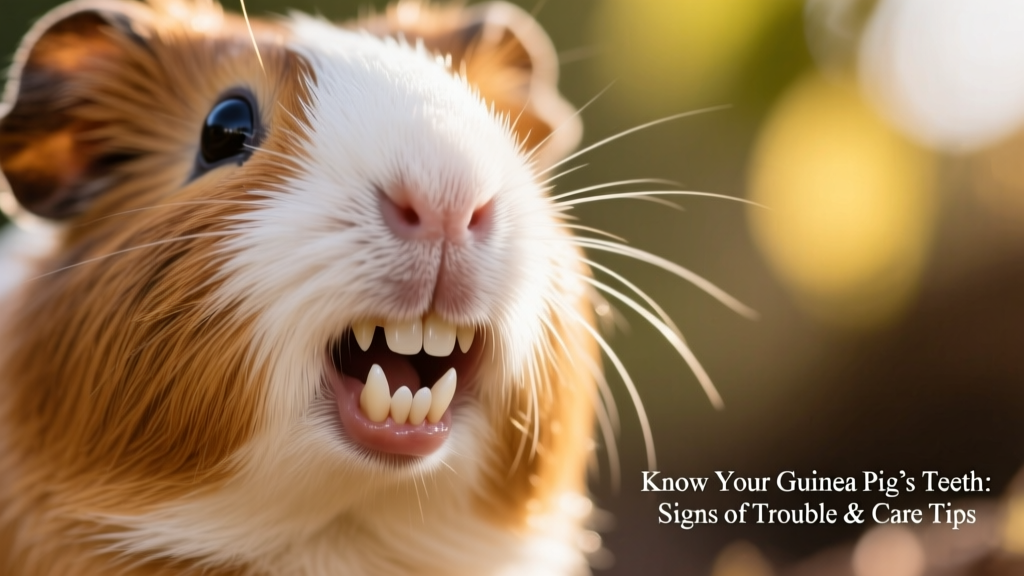 Close-up of a healthy guinea pig's front incisors, white and evenly aligned, against soft fur