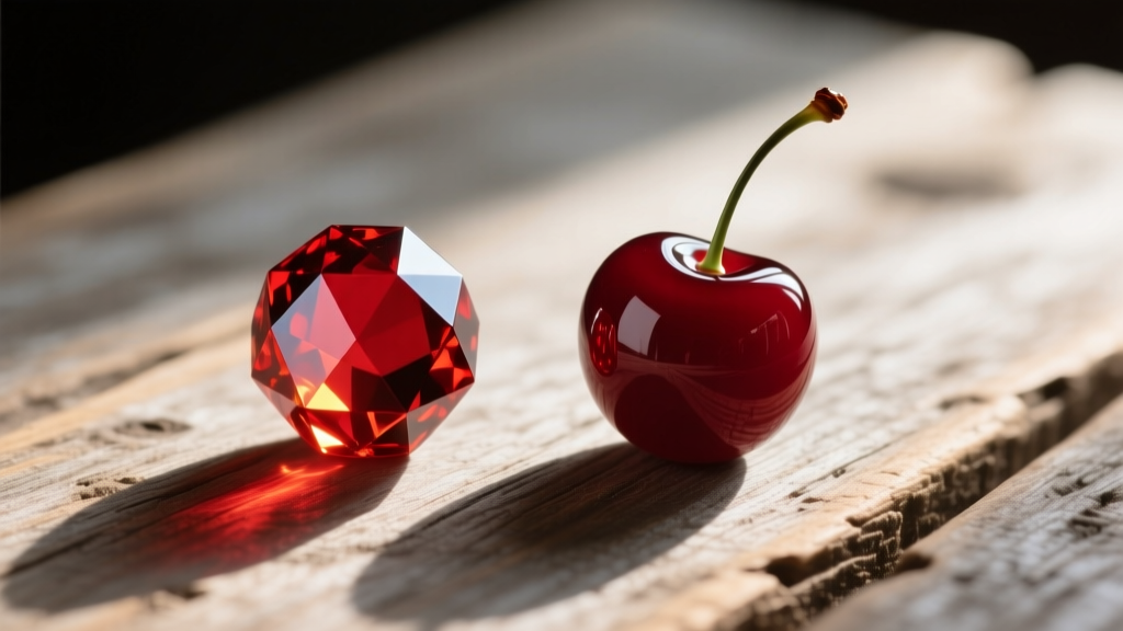 Macro comparison of faceted Czech fire-polished red glass bead and smooth artisan lampwork cherry glass bead on a wooden table.