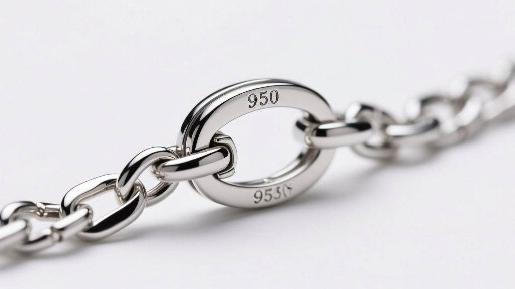 Macro shot of a 950 platinum necklace clasp and chain links, highlighting hallmarks and high-polish finish under studio lighting.
