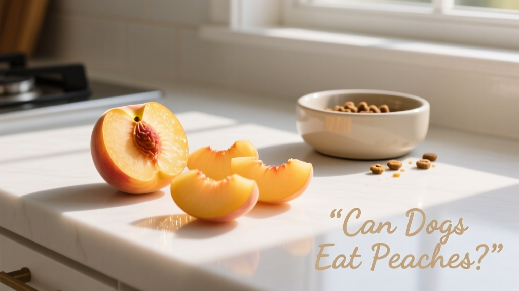 A golden-fleshed peach sliced into small, dog-safe pieces on a clean kitchen counter