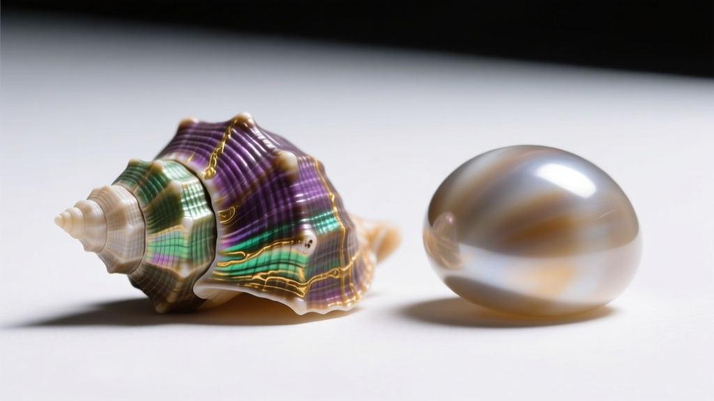 Macro photography comparing a real asymmetrical cone snail shell with a perfectly round, flat-edged plastic imitation puka shell