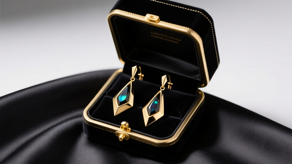 Velvet box revealing long angular 18k gold drop earrings with geometric onyx accents on dark fabric under soft studio lighting