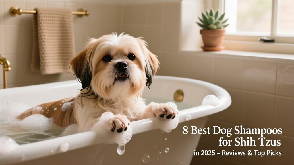 A calm Shih Tzu sitting comfortably during a gentle bath with warm water and foam