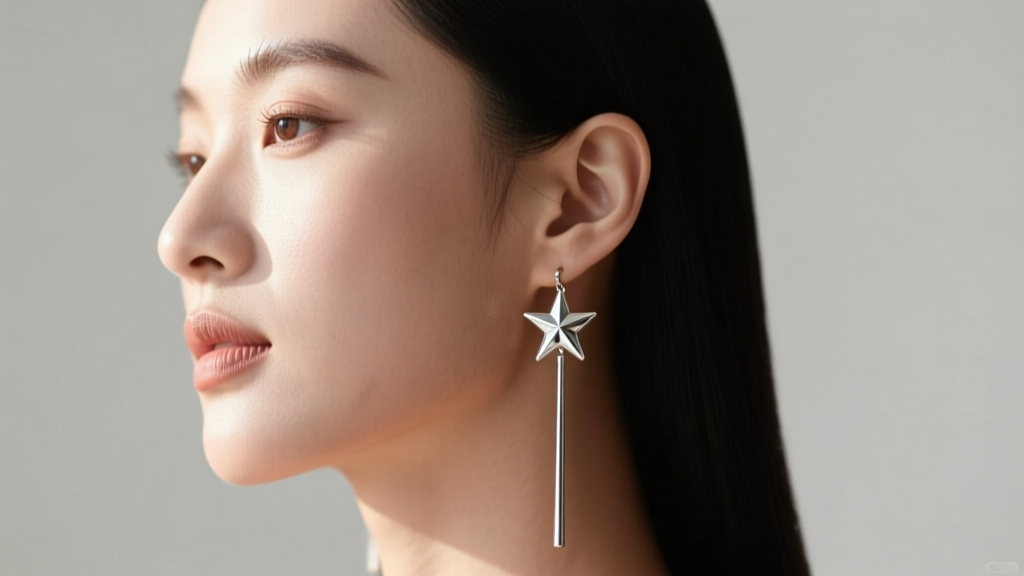 A side-profile portrait of a woman with a round face shape wearing long, linear silver star dangle earrings that elongate her jawline.