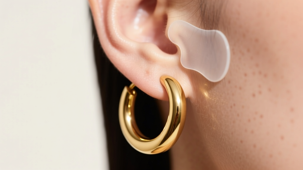 Close-up of a large 50mm hollow gold hoop on a lobe, revealing a clear silicone support patch hidden just behind the ear skin