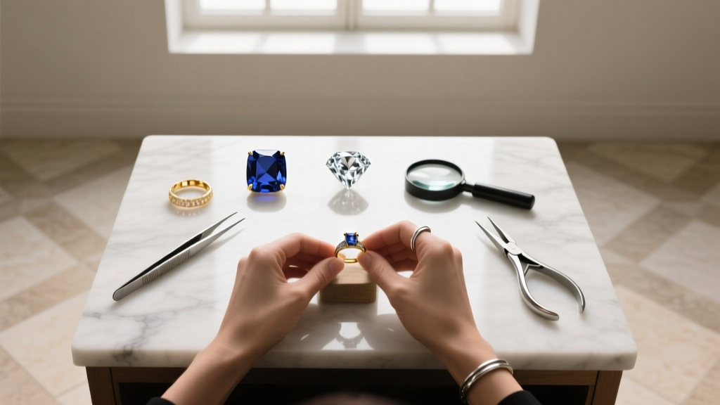 Overhead view of a jeweler's bench with a flex shaft, silver solder, and a laptop displaying an online jewelry making class video