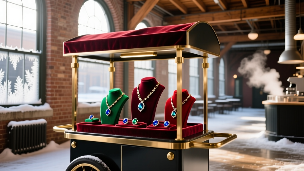 Mobile permanent jewelry cart with velvet chain displays inside a historic brick indoor market in Cleveland during the winter