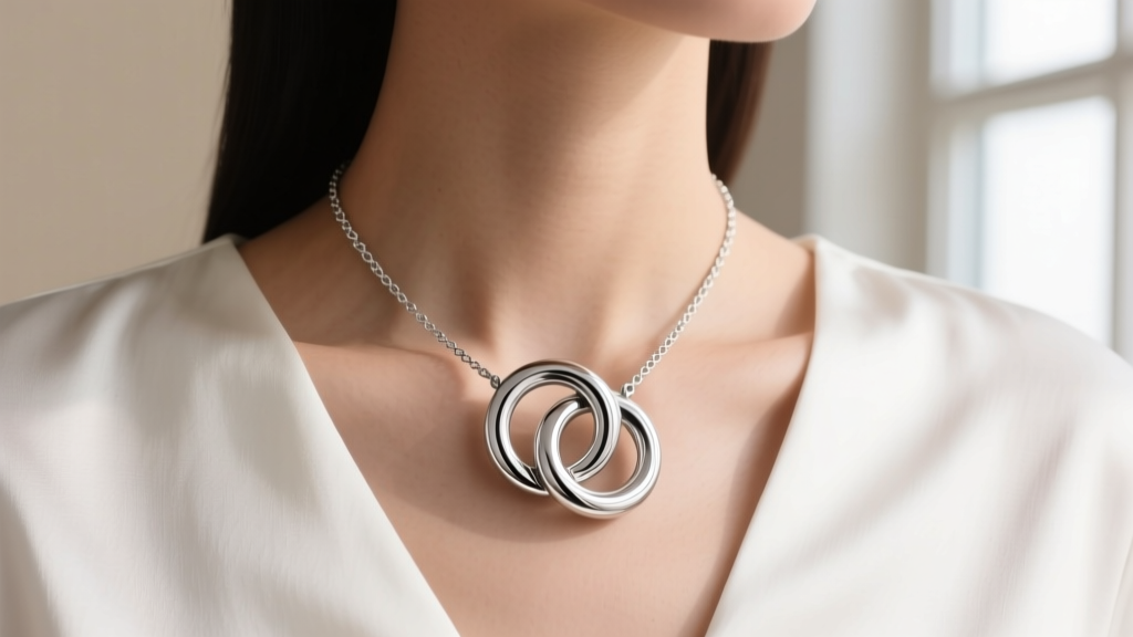 Polished 925 sterling silver spinning necklace on a collarbone, showing a dual-ring fidget mechanism and a bright rhodium finish.