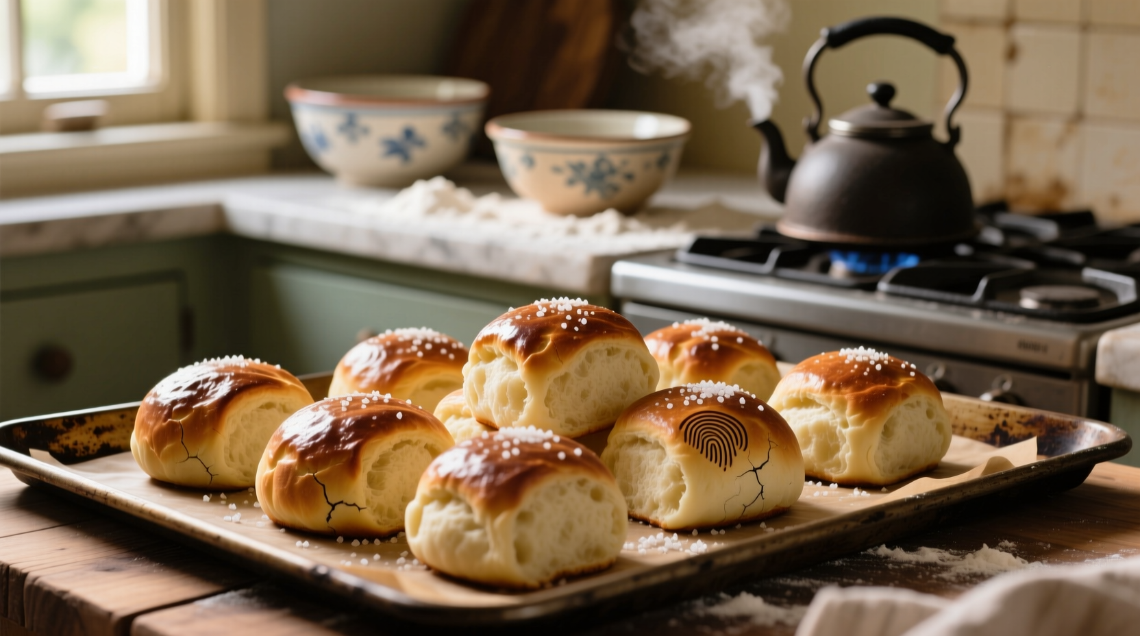 Homemade golden brown potato rolls on baking sheet