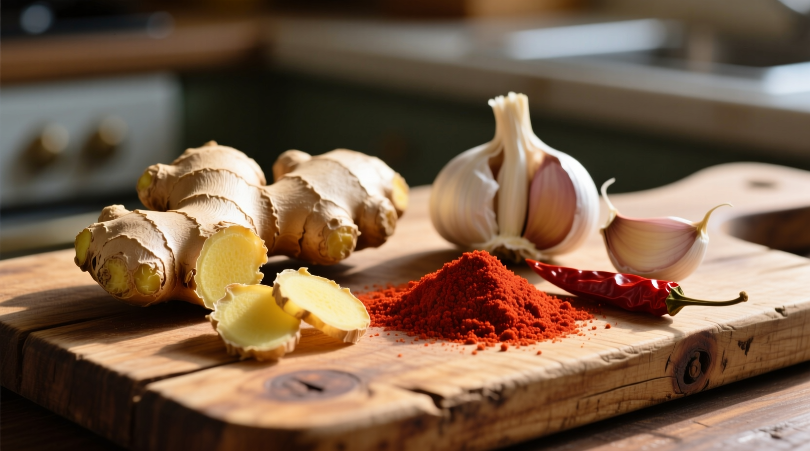 Fresh ginger, garlic, and cayenne pepper on wooden cutting board